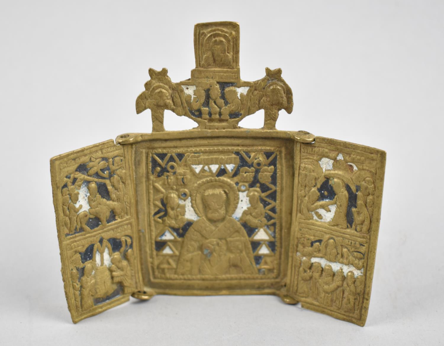 A 19th Century Brass and Blue and White Enamel Russian Triptych Icon with Two Hinged Panels, 9.5cm
