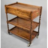 A Mid 20th Century Oak Three Tier Trolley with Barley Twist Supports and Drawers Either End, Good