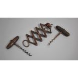 A Collection of Three Vintage Corkscrews to Include Wiers Patent Concertina Action Example Inscribed