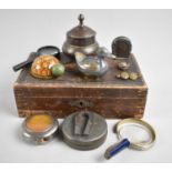 An Edwardian Wooden Workbox Containing Various Metal Curios