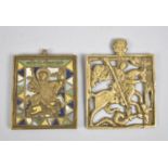 Two 19th Century Russian Brass Icon Panels Depicting St. George and the Dragon, One with White,