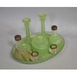 A Vintage Part Green Glass Dressing Table Set Together with Unrelated Pots and a Enamelled Powder