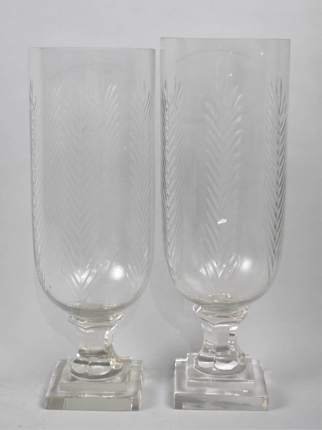 A Near Pair of Tall Cut Crystal Hurricane Glass Vases, 34.5cms High