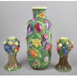 A Booths Floral Table Lamp Vase Together with Pair of Silicon China Candle Sticks, Condition Issues,