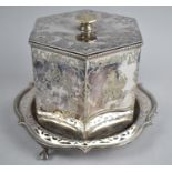 An Edwardian Silver Plated Hexagonal Biscuit Barrel Mounted on Pierced Tray with Three Claw Feet,