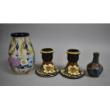 A German Decorated Vase, Pair of Dutch Gouda Candlesticks and a Small Vase, Varying Condition Issues