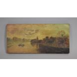 A 19th Century Naive Oil on Canvas, Mounted but Unframed, Figures Rowing Boat on River with Church