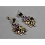 A Pair of Modern Silver Jewelled Earrings Comprising Garnet, Citrine, Peridot and Amethyst Stones