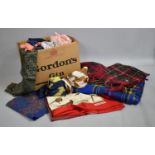 A Vintage Gordons Gin Cardboard Box Containing Various Scarves, Silks, Neckerchiefs, Blanket Etc