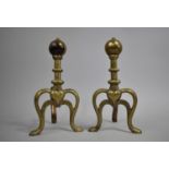 A Pair of Late 19th century Brass Fire Dogs with Scrolled Feet and Ball Finials, 24cms High