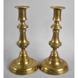 A Pair of Victorian Brass Candlesticks with Pushers, 20cms High