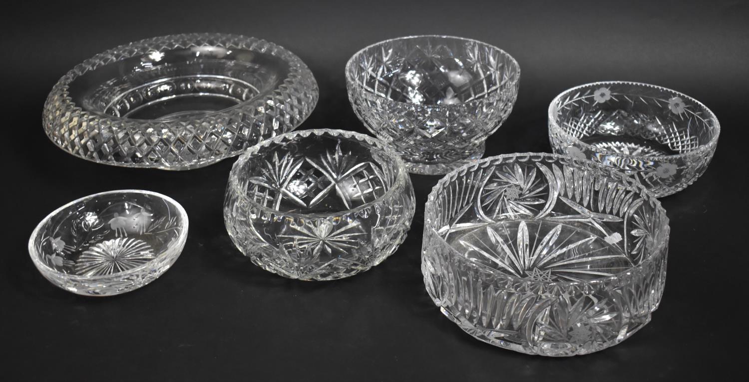 A Collection of Various Cut Glass Bowls and a Large Centre Bowl