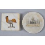Two Indian Alabaster Coasters, One Decorated with Cockerel, the Other with Taj Mahal