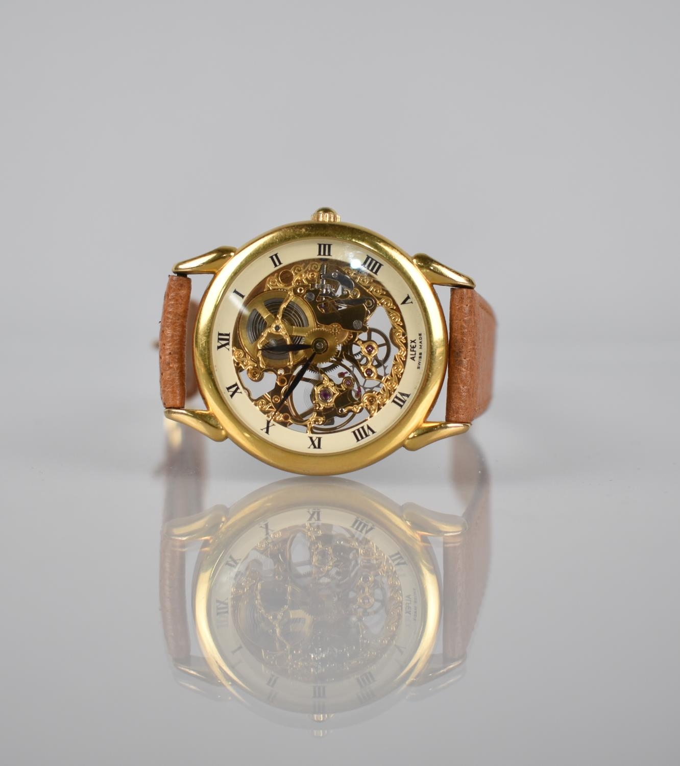 A Vintage Alfex Gold Plated Skeleton Manual Wrist Watch, Face Showing Gilt Metal Interior Mechanism,