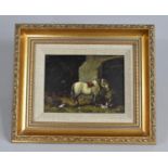 A Small Gilt Framed Oil on Board, Pony and Chickens in Stable, 16.5x11.5cm