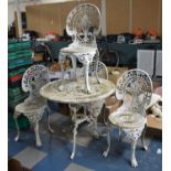 A White Painted Metal Garden or Patio Set Comprising Circular Table and Four Chairs