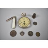 A Silver Bladed Fruit Knife, Silver Coins and Thimbles Together with a Pocket Watch in Need of