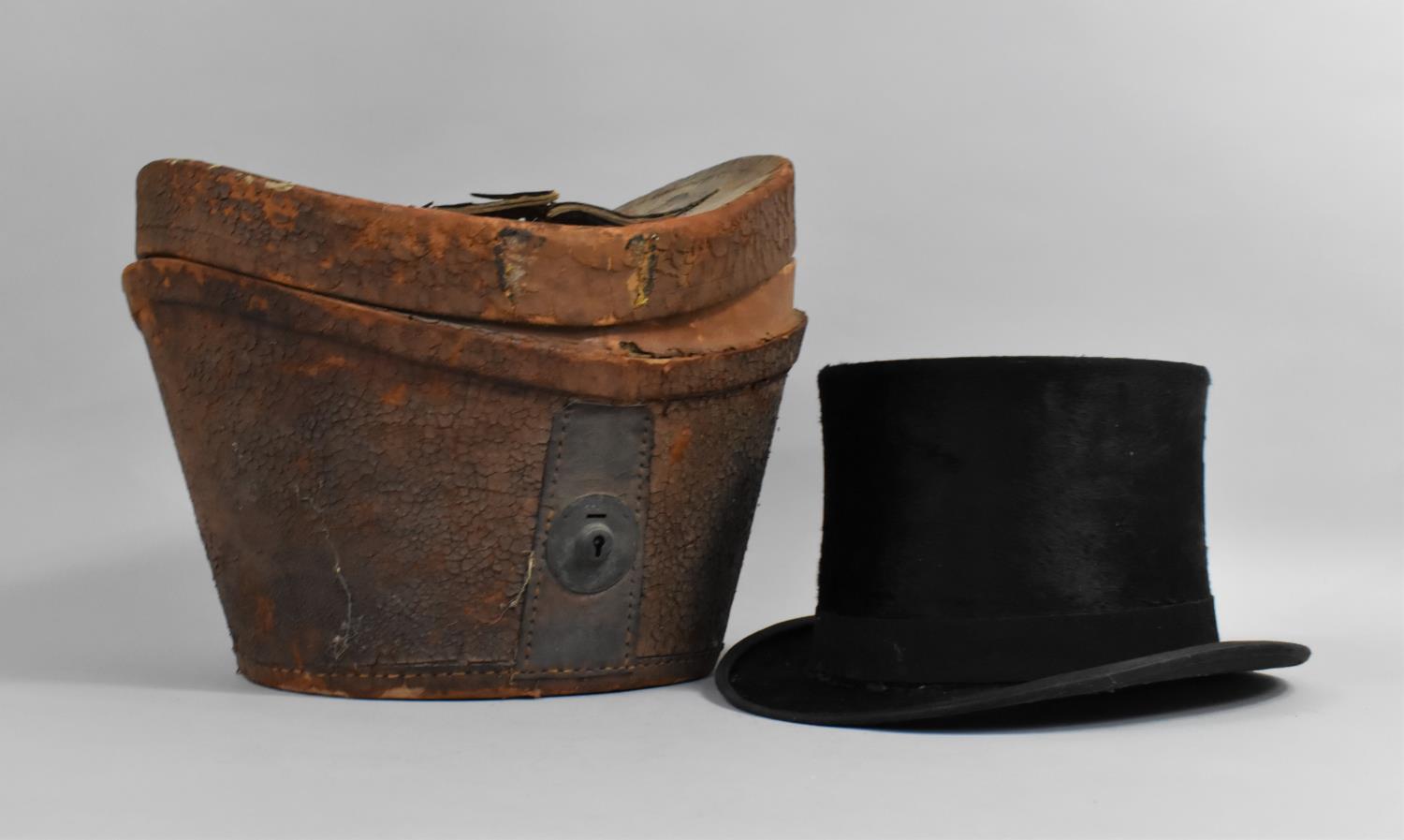 A Leather Cased Moleskin Top Hat, Case in Distressed Condition - Image 2 of 2