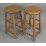 A Pair of Mid 20th Century Circular Topped Stools with Turned Supports, 33cm Diameter