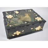 A Late Victorian Lacquered Papier Mache Workbox with Decorated Hinged Lid, Missing Inner Tray,