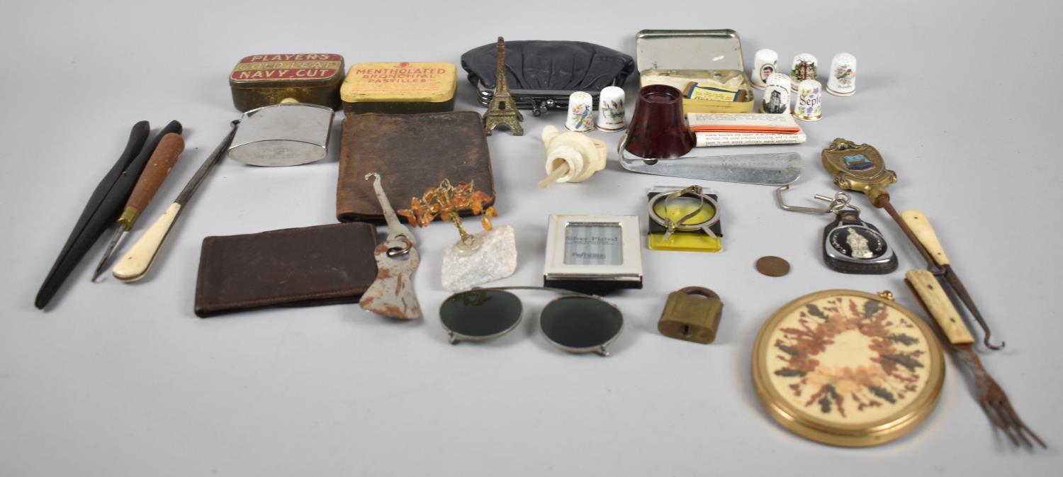 A Small Collection of Curios to Include Vintage Tins, Souvenir Thimbles, Purses, Small Hip Flask,