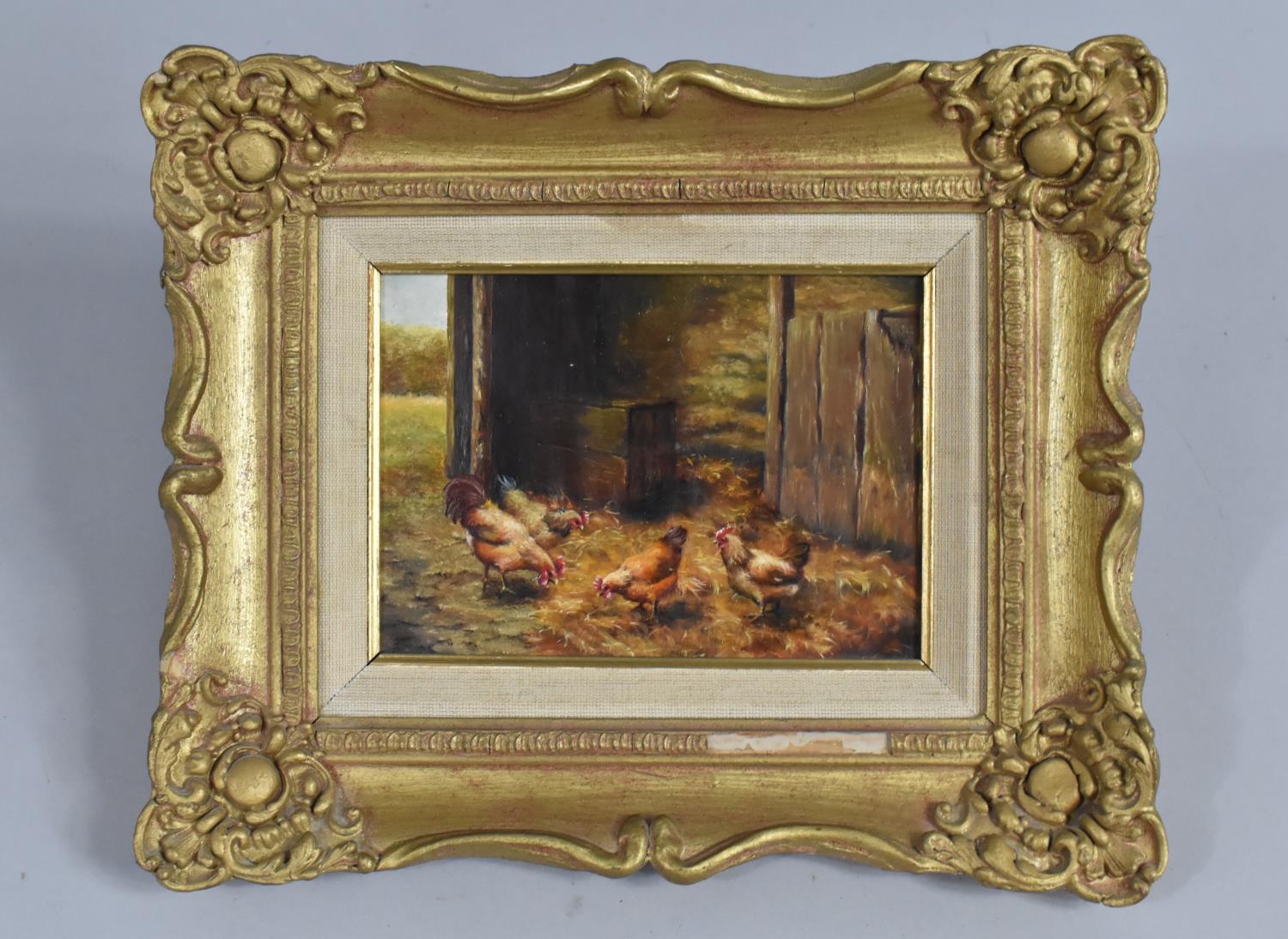 A Small Gilt Framed Oil on Board, Chickens in Stable, 16.5x11.5cm