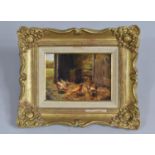 A Small Gilt Framed Oil on Board, Chickens in Stable, 16.5x11.5cm
