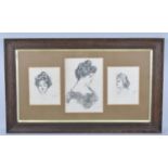 A Frame Containing Three Pencil Sketches of an Edwardian Lady, Two Dated 1905, 65x39cm Overal