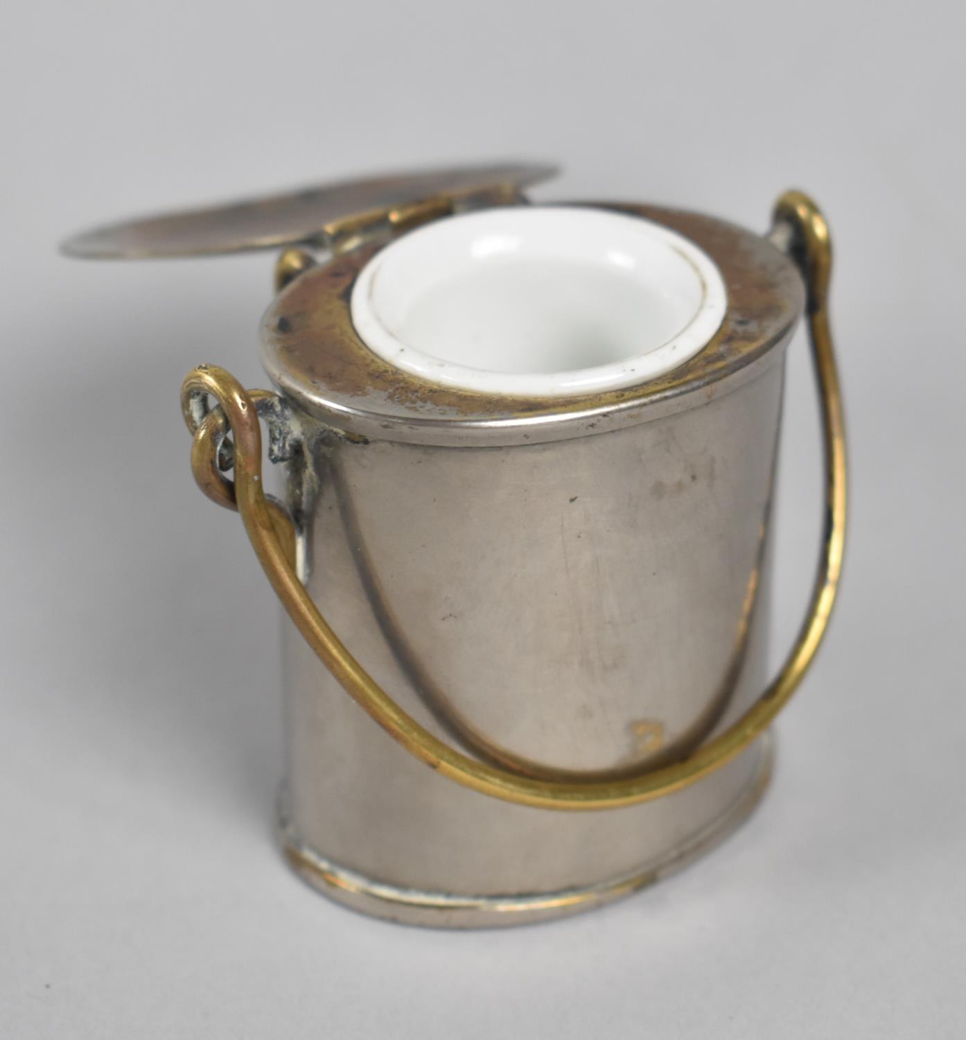 A Novelty Desk Top Inkwell in the Form of an Oval Pail with hinged Brass Lid and Carrying Handle - Image 2 of 2