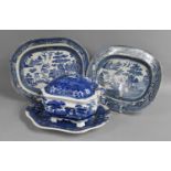 A Large Blue and White Lidded Two Handled Tureen with Ladle and Matching Tray together with Two