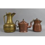 A Copper Teapot by William Souter Together with Copper Jug and Brass Lidded Jug