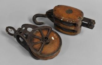 Two 19th Century Wooden and Iron Pulley Blocks, 30cms Long