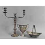 A Large Silver Plated Three Branch Candelabra, Silver Plated Oval Cake Basket and a Two Handled