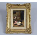 A Small Gilt Framed Oil on Board, Chickens and Rabbit in Stable, 16.5x11.5cm