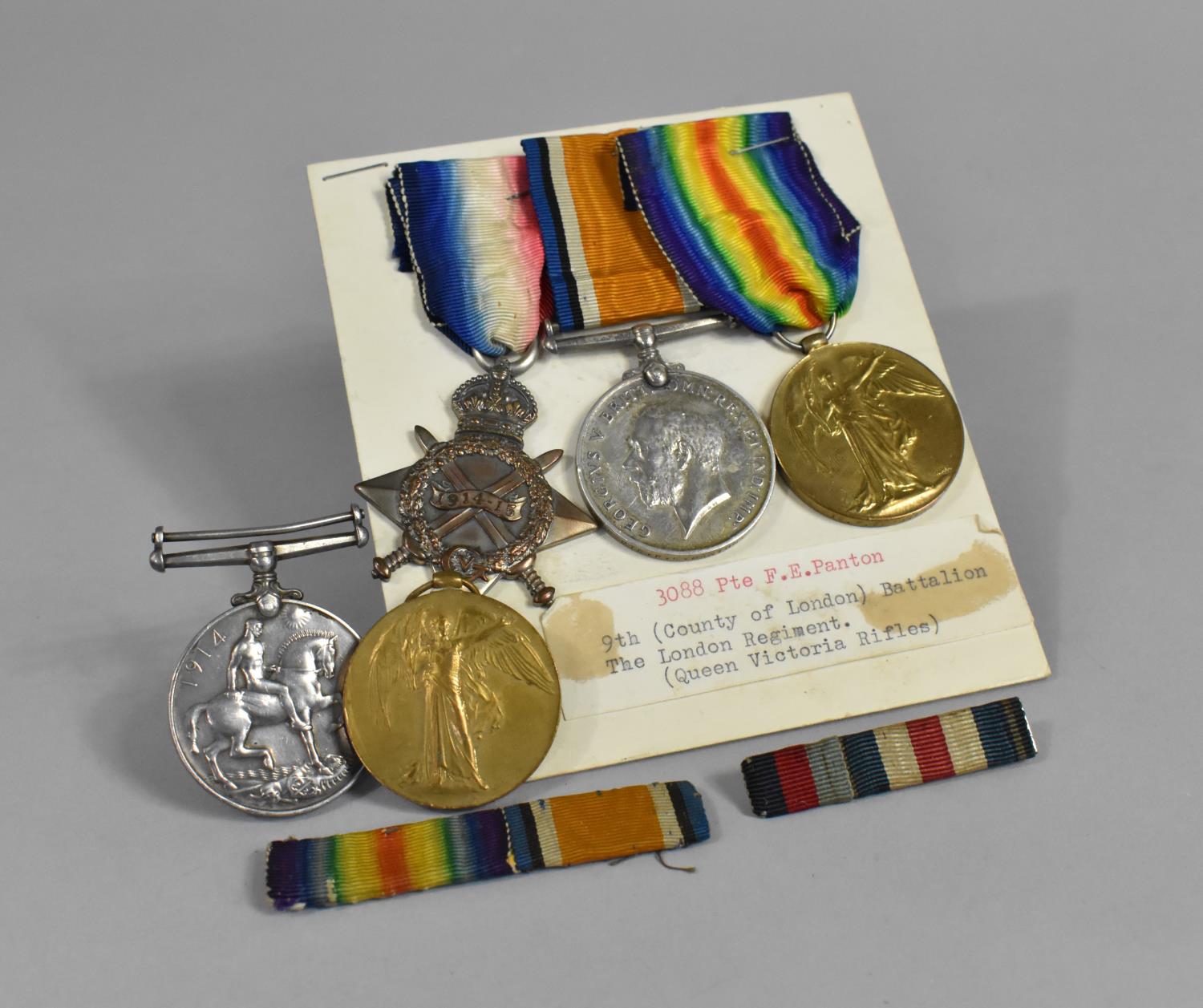 A Collection of WWI Medals Awarded to 3088 PTE F E Panton, London Regiment Together with Two for