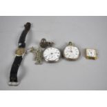 A Vintage Hermes Sport Wrist Watch together with Two Silver Cased Open Faced Pocket Watches, Chain
