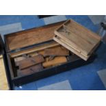 A Vintage Wooden Carpenters Chest with Two Removable Trays Containing Moulding Planes, 79cm wide