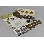 A Collection of Various Military Badges, Enamelled Lapel Badges, Brass Button Cleaning Guards etc