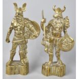 A Pair of Mid 20th Century Cast Brass Studies of Viking Warriors, 25cms High