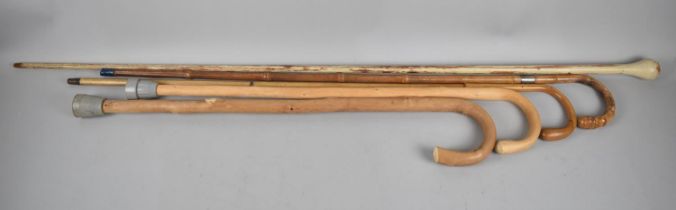 A Collection of Five Vintage Walking Sticks, One with Silver Mount Dated 1914