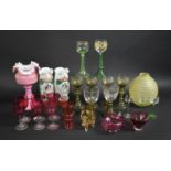 A Collection of Various Glassware to comprise Opalescent Pink Glass Pedestal Bowl, having Ruffled
