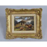 A Small Gilt Framed Oil on Board, Goat and Chickens in Farmyard, 16.5x11.5cm