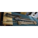 A Collection of Four Vintage Fishing Rods and a Folding Stool