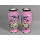 A Pair of Continental Porcelain Vases with Hand Painted Decoration, Flowers and Butterflies on