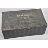A Painted Wooden Box with Two Carry Handles, Inscribed for Gunner W Owen RGA England, 66cm Wide