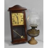 A Mahogany Cased Wall Clock together with a Converted Oil Table Lamp with Globular Shade and Chimney