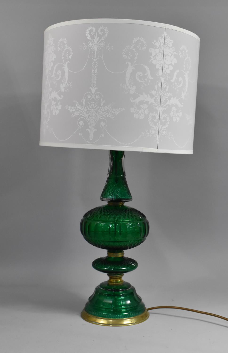 A Mid 20th Century Brass and Green Glass Table Lamp and Shade, Overall Height 65cms