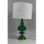 A Mid 20th Century Brass and Green Glass Table Lamp and Shade, Overall Height 65cms