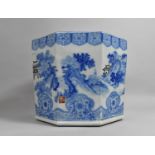 A Large Chinese Blue and White Hexagonal Porcelain Planter Decorated with Village River Scene Having