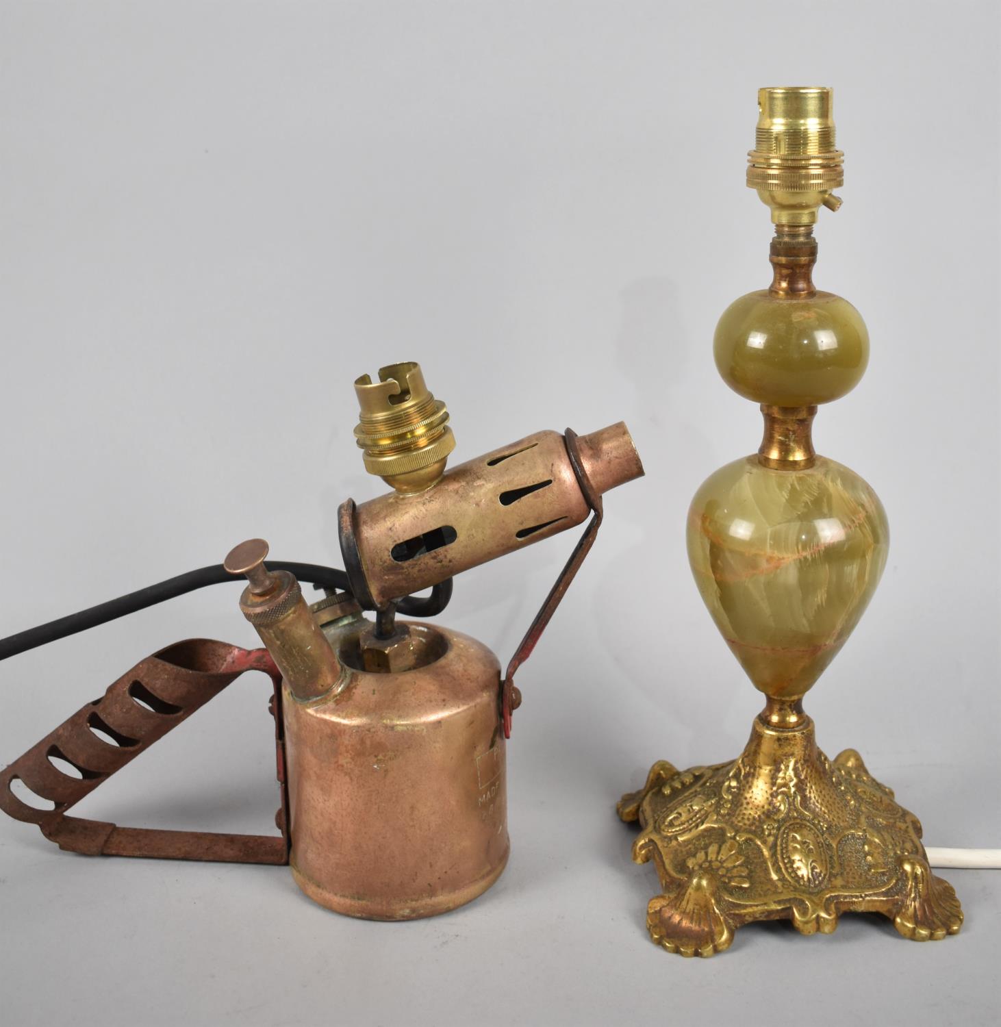 A Novelty table Lamp Formed from a Blow Torch together with a Brass and Onyx Table Lamp